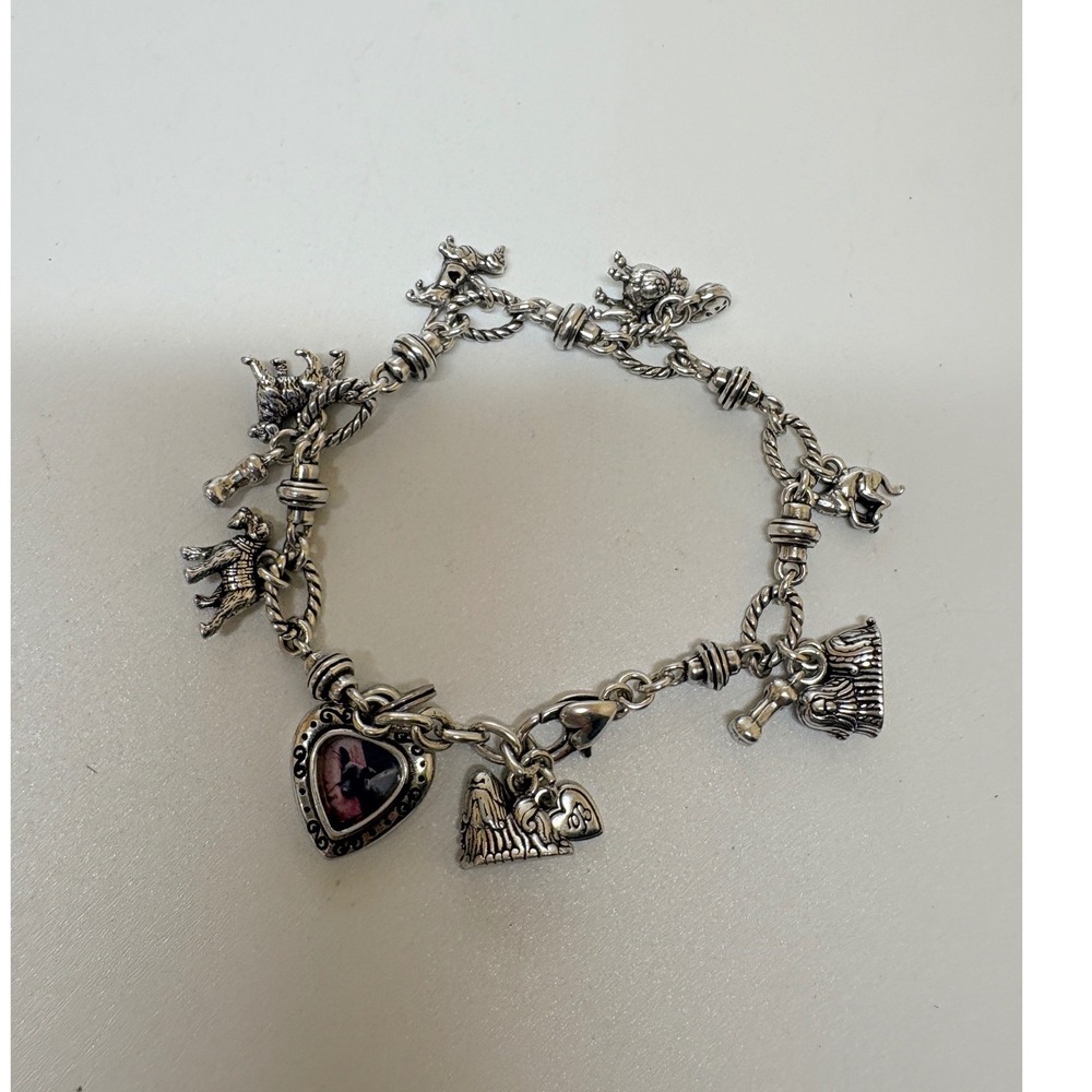 Brighton Silver Tone Dog Theme Charm Bracelet Poodle Terrier Heart Locket 7in